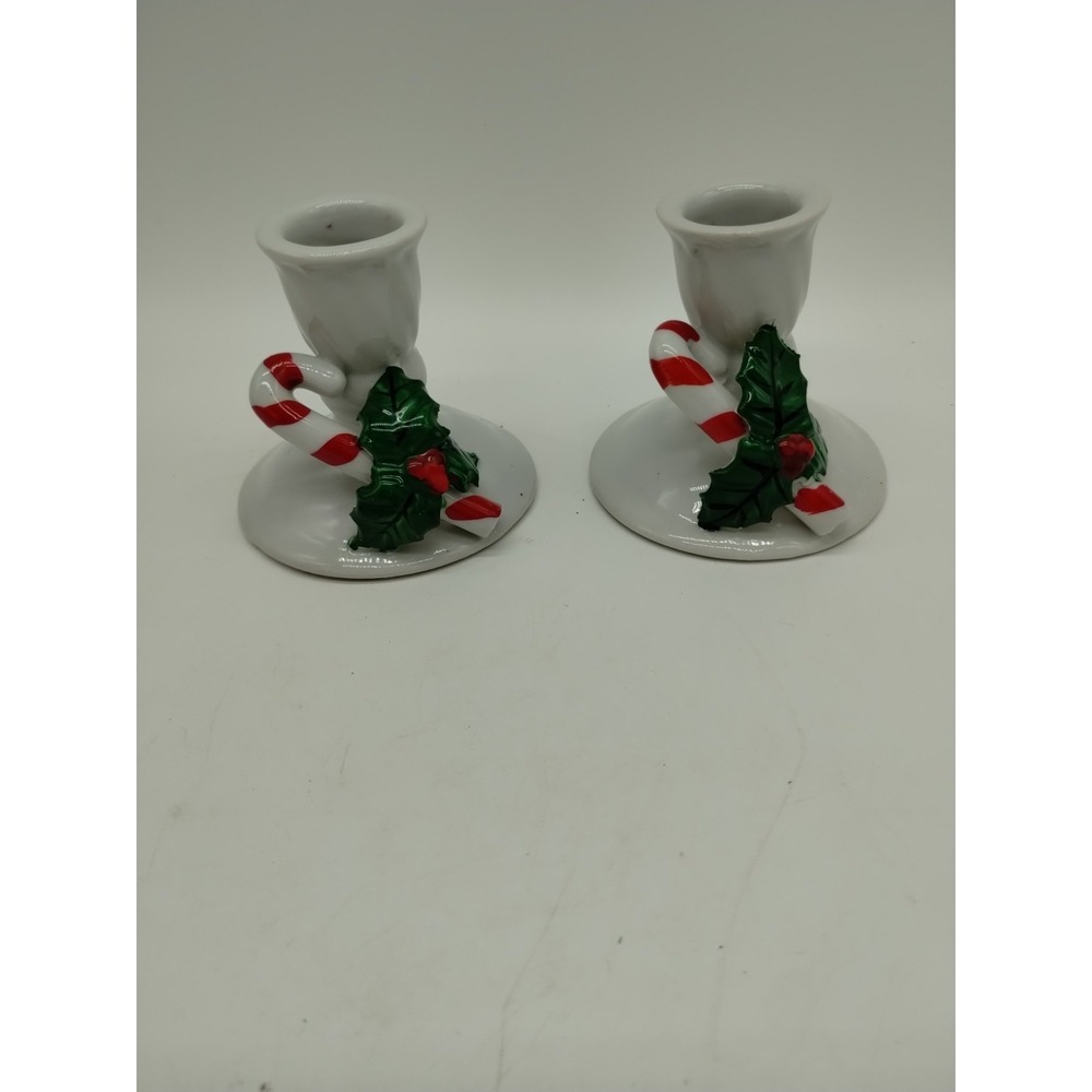 Set Of 2 Christmas Candlesticks Candy Cane Mistletoe White 2.5" Tall Vintage